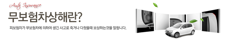 무보험차상해란? 피보험자가 무보험차에 의하여 생긴 사고로 죽거나 다쳤을때 보상하는 것을 말합니다.